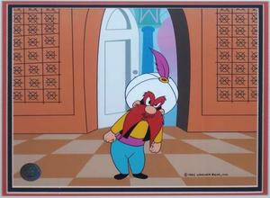 YOSEMITE SAM - 10001 RABBIT TALES 1982 Production cel of Yosemite Sam with his Swami Hat on. Presented on a studio prepared photographic background. This cartoon was directed by Friz Freleng.