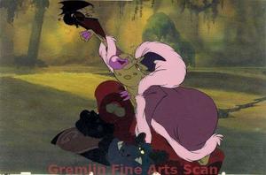 A TROLL IN CENTRAL PARK   1994   Production cel of Gnorga pouncing on the bat and the boar-like character.  Presented on a color laser background.