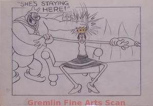 I’LL BE SKIING YA   1947   Bluto Slams the Crown Down on Olive’s Head.  Her Arms Start to Stretch.  “She’s Staying Here!”  Graphite & Crayon on Paper.
