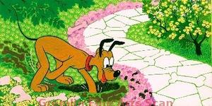 PLUTO BURIES A BONE 1979 Incredible, Large Watercolor Painting Depicting Pluto Burying a Bone. Published in the Disneyland Special, Page 23. Elaborately Matted and Framed.