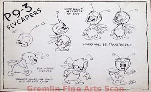 FLYCAPERS   1949   Original Studio Photocopy of Fly Model Sheet.  From Production P9-3, Which Was Released as “The Flys Last Flight.”  Signed Off by Former Disney Great, Bill Tytla.