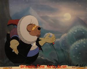 THUMBELINA 1992 Production cel of Mr. Mole Presented on a color laser background.
