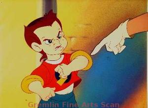 A TROLL IN CENTRAL PARK   1994   Production cel of Gus being scolded by his mother (her hand is visible pointing).  Presented on a production background.
