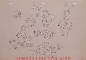 FUNNY BUNNY BUSINESS   1942   Terrytoons Animation Model Sheet of 10 Characters.  Graphite on Animation Paper.