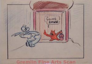 I’LL BE SKIING YA   1947   Elevator Door Opens.  Little Devil Says to Popeye, “Going Down?” Graphite  & Crayon on Paper.
