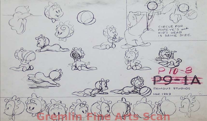 BABY MODEL SHEET   1947   Original Studio Photocopy Model Sheet of the Baby with One Image of Popeye.  Marked P-10-8.  Dated March 1949.  Probably Released as “Baby Wants Spinach.”