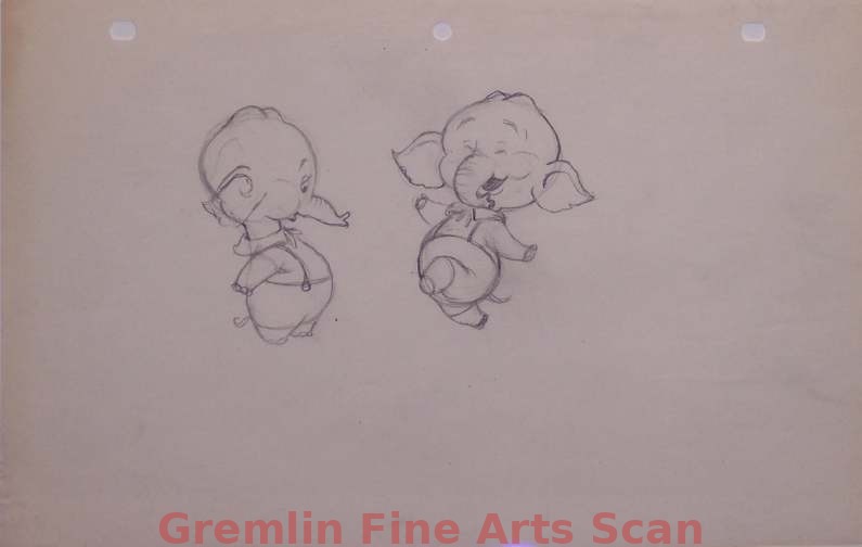 BABY ELEPHANT   1940’S   Animation Sheet with Two Drawings of a Baby Elephant.  From the Collection of Dave Tendlar.