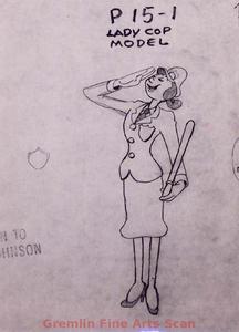 LADY COP MODEL   1955   Original Studio Photocopy of Olive Model Sheet.  Marked #P15-1, “Lady Cop Model.”  Probably Released as “Cops is Tops” in 1955.