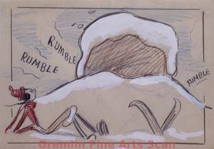 I’LL BE SKIING YA   1947   Olive Falls in the Snow as the Ground Rumbles and a Huge Rock Rises Out of the Snow.  Graphite & Crayon on Paper.