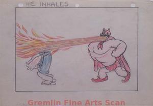 I’LL BE SKIING YA   1947   This is an original storyboard page from the estate of Izzy Klein, one of the best known of the Famous Studios animators and directors.  In this scene  lames From Bluto’s Mouth Engulf Popeye’s Head.  This is a great image of Popeye.  Graphite & Conte Crayon on Paper.