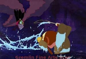 ROCK-A-DOODLE   1992   Multi-cel production setup of the Grand Duke swatting at his nephew in the water.  Presented on a color laser background.