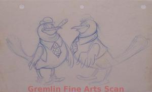 CROWS   1950’S   Great Blue Pencil Drawing of Two Crows in Top Hats & Vests.  From the Collection of Dave Tendlar While at Famous/Paramount Studios.