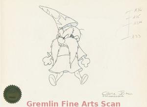 YOSEMITE SAM 1978 Chuck Jones Signed animation drawing depicting Yosemite Sam as Merlin the Magician. Comes with Certificate of Authenticity from Linda Jones. From the very popular “Bugs Bunny in King Arthur’s Court”.