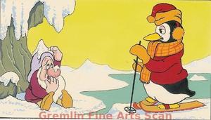 SNEEZY- NOW I KNOW 1972 Original watercolor painting depicting Sneezy as he encounters a penguin on skiis. This was published in Disney’s Now I Know, December 16, 1972. Back cover Art. This artwork is custom matted and ready to frame. 4 x 6 1/2 Inches. 21150-DA $195.00 Matted