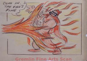 I’LL BE SKIING YA   1947   The Flames Surround Bluto.  He Laughs, “Come in, The Fire’s Fine.”  Graphite & Crayon on Paper.