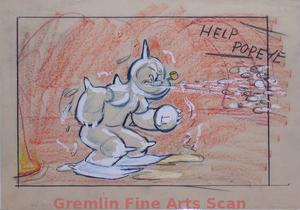 I’LL BE SKIING YA   1947   Popeye Hears Olive Call Again.  Graphite & Crayon with Watercolor on Paper.