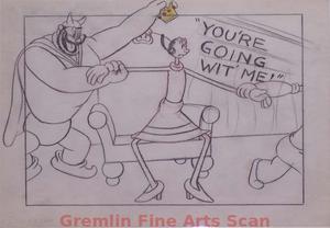 I’LL BE SKIING YA   1947   This is an original storyboard page from the estate of Izzy Klein, one of the best known of the Famous Studios animators and directors.  In this scene  Bluto Puts the Crown Back on Olive’s Head.  He & Popeye Each Grab an Arm.  Graphite & Conte Crayon on Paper.