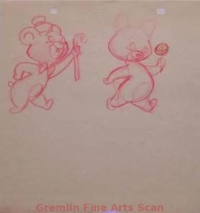 BEAR CUBS 1940’S Drawing of Two Bear Cubs, One with a Lollipop. From the Collection of Dave Tendlar.