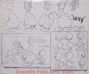 BABY “HUEY” MODEL SHEET   1949   Original Studio Photocopy of Baby Huey Model Sheet dated April 1951.  Signed Off by Dave Tendlar.  Very Rare Item!  Has Some Tears.