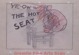 I’LL BE SKIING YA   1947   Popeye Flies Out of the Chair.  “Ye-ow-w,” The Hot Seat!”  Graphite & Crayon on Paper.