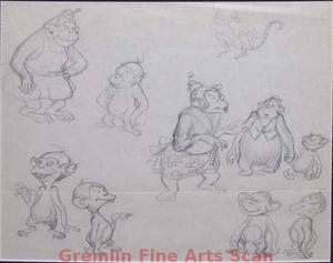 MONKEY MODEL SHEET   1940’S   Model Sheet Concepts for a Group of Monkeys.  One is Named “Junior.”  From the Collection of Dave Tendlar.  Stamped “Return to Dave Tendlar” on the Back.
