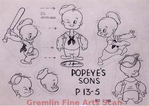 POPEYE’S SONS MODEL SHEET   1953   Original Studio Printed Model Sheet of Popeye’s Sons.  Marked P13-5, “Popeye’s Sons.”  Stamped October 3, 1952.