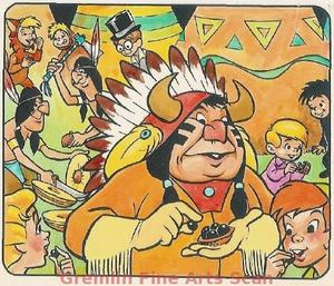 PETER PAN 1977 Original Watercolor Painting depicting Peter Pan, John, Wendy and Michael sharing their fruit with the Indians. Published in Disney Time #9, March 26th, 1977. Page 12. Custom matted and ready to frame. Matted to 4 x 4 Inches. 21179-DA $100.00 Matted