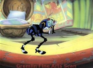 THUMBELINA   1992   Production cel of Berkley Beetle (voiced by Gilbert Godfrey).  Presented on a color laser background.