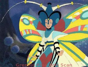 THUMBELINA   1992   Fantastic Publicity cel of Thumbelina in her Butterfly costume.   Very large image (just about the entire Overall Size 12 x 16 Inches. cel).  Presented on a color laser background.