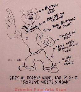 POPEYES 20TH ANNIVERSARY   1952   Original StudioPhotocopy of Popeye Model Sheet.  Production  #p12-5,  Dated July 2, 1951. Used to Integrate New Footage with 1936 Version of Popeye.