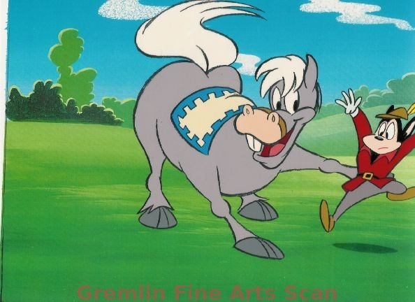 MIGHTY MOUSE, THE NEW ADVENTURES   1987   Multi-Cel Setup of Mighty Mouse (As Prince Charming)  and the Horse.  From the Episode “Snow White & the Motor City Dwarfs”.  Presented on a Color Laser Background.     SALE   PRICE.