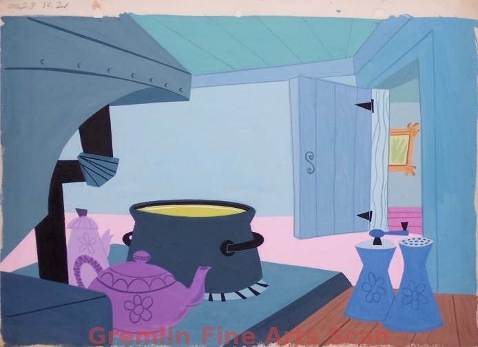 KITCHEN BACKGROUND 1960’S Watercolor Background Depicting the Inside of a Country Kitchen.