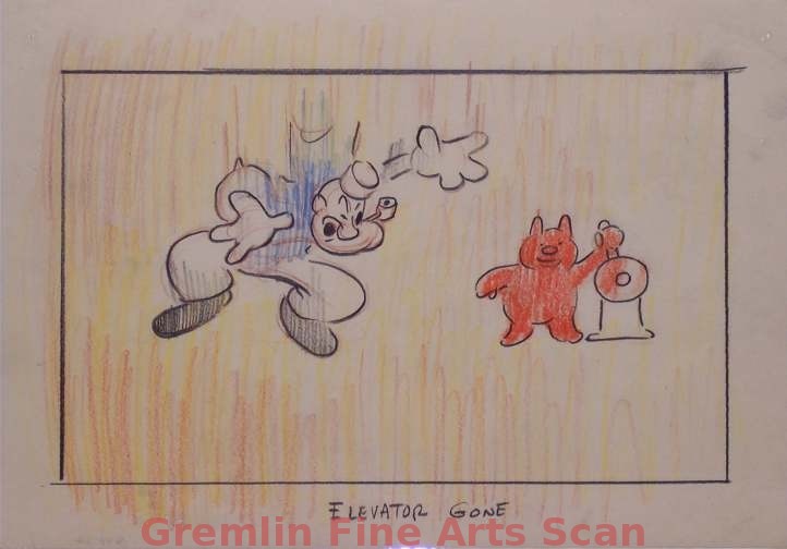 I’LL BE SKIING YA   1947   The Elevator Disappears.  Popeye & Little Devil Fall Down Below.  Graphite  & Crayon on Paper.