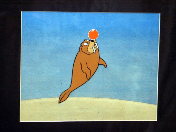 AQUAMAN 1968 Hand-Inked Production Cel of Tusky Presented on a Color Laser Background.