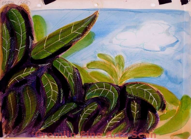 JUNGLE BACKGROUND   1960’S   Watercolor Background of the Lush Growth of Jungle Plants and Trees.  Probably Used in a Cartoon Directed by Shamus Culhane.  From a Paramount Cartoon.