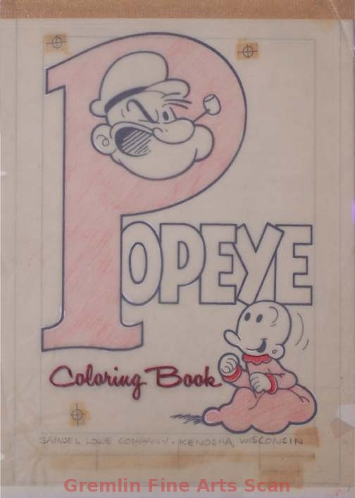 POPEYE 1940’s Original Art Design of Popeye Coloring Book Cover. Samuel Lowe Co.