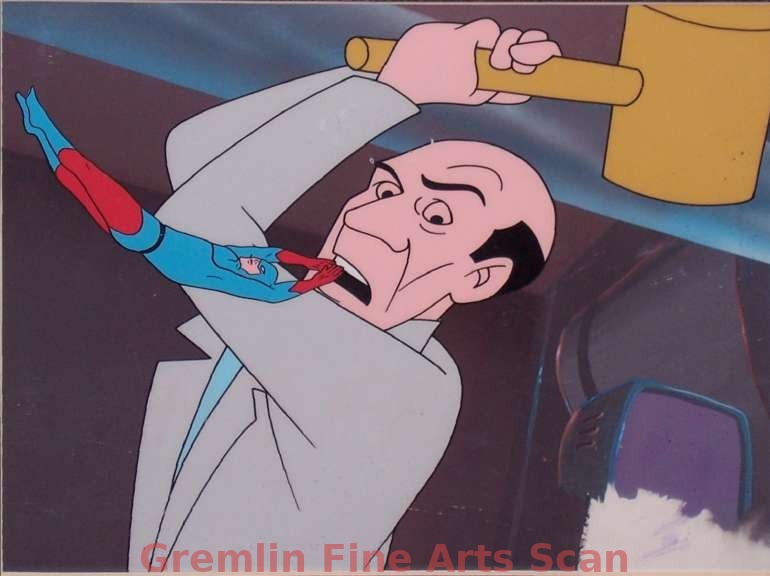 THE ATOM 1968 Hand-Inked Production Two-Cel Setup of the Atom Getting out of the Way in a Hurry. Presented on a Watercolor Production Background.