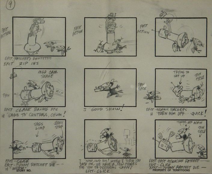 HECKLE AND JECKLE in MECHANICAL TROUBLE   1964   Original Storyboard page consisting of 9 boxes of images with text.  Drawn on Terrytoons Storyboard paper.   Page  9.
