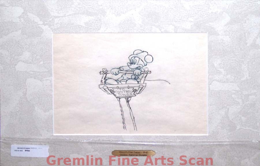 MICKEY’S MAN FRIDAY 1941 Animation drawing of Mickey Mouse atop the lift to the control tower. This is a very expressive drawing