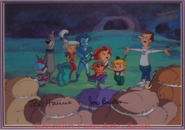 JETSONS, THE MOVIE 1990 Multi-Cel Production Setup of George, Jane, Elroy, Judy, Astro, Apollo Blue, Teddy 2 and Fergie. Presented on a Color Laser Background. Signed by Bill Hanna & Joe Barbera.