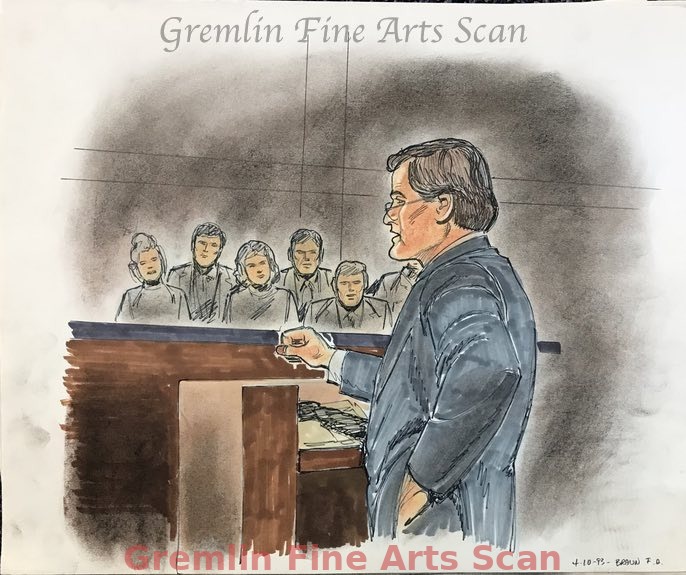Rodney King Trial 1993 The trial of four police officers for Assaulting Rodney King during a traffic stop and beating him severely was caught on tape. The LAPD already had a reputation for racially motivated beatings, and the Press had a field day covering this trial. Attorney Braun addressing the jury. Sketched by Bill Lignante for ABC News.