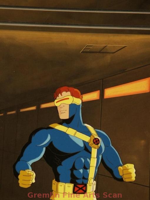 THE NEW X-MEN ADVENTURES 1994 Production Cel of Cyclops. This is a Vertical Cel and Background. Presented on a Watercolor Production Background.