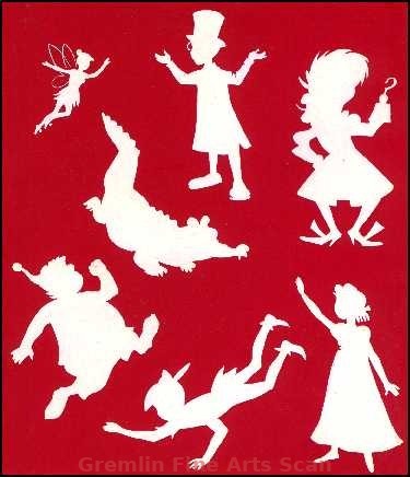 PETER PAN CAST 1980 Disney Cast of Characters Silhouette Painting Depicting Tinker Bell, Smee, Croc, John, Peter Pan, Captain Hook and Wendy Darling. Published in Disneyland No. 81, Sept. 9th.