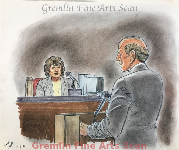 Rodney King Trial 1993 The trial of four police officers for Assaulting Rodney King during a traffic stop and beating him severely was caught on tape. The LAPD already had a reputation for racially motivated beatings, and the Press had a field day covering this trial. Nurse Denise Edwards testifies as Barry Kowalski questions her. Dated 3-8-93. Sketched by Bill Lignante for ABC News.