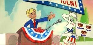 TRIX CEREAL COMMERCIAL 1980’s Multi-Cel Production Setup, with Matching Overlays and Key Background, Depicting the Trix Rabbit Trying to Steal His Trix in the Middle of a Political Campaign. This is a Killer Piece.