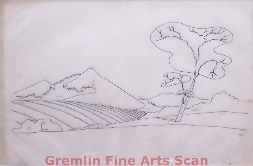 LUMBER JACK RABBIT 1955 Very Rare Background Layout (Drawn on an Opaqued Cel) depicting the Maurice Noble stylized trees and mountains. From the Only 3-D Bugs Bunny Cartoon. Art by Maurice Noble & Philip DeGuard.