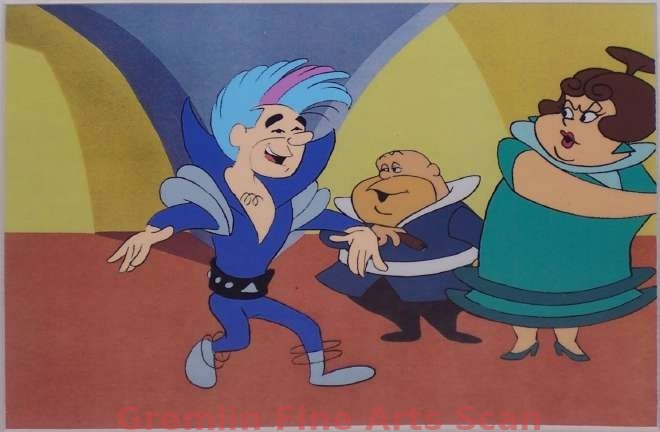 JETSONS 1970’s Production Cel of Judy’s Boyfriend and Mr. & Mrs. Big. Presented on a Color Laser Background.
