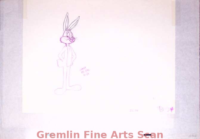 LOONEY, LOONEY BUGS BUNNY MOVIE 1981 Production Drawing of Bugs. Purple & Black Pencil on 12-Field Paper (Adhered to 16-Field Animation Paper).