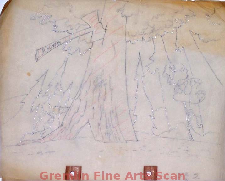 LUMBER JACK RABBIT 1955 Very Rare Background Layout (On Vellum) of the Forest with Paul Bunyon’s Axe Stuck in a Tree. From the Only 3-D Bugs Bunny Cartoon. Art by Maurice Noble & Philip DeGuard.