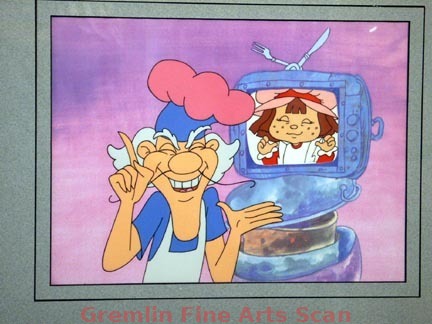 STRAWBERRY SHORTCAKE-WATCHING TV 1975 Two-Cel Setup from the Popular 1970’s Strawberry Shortcake TV Show of Strawberry and Pieman. Presented on a Color Laser of the Key Master Background.